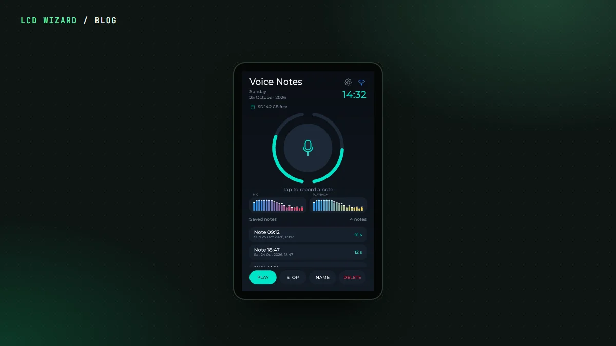 The Voice Notes design on a 4.3-inch portrait screen: a record key and a list of dated notes