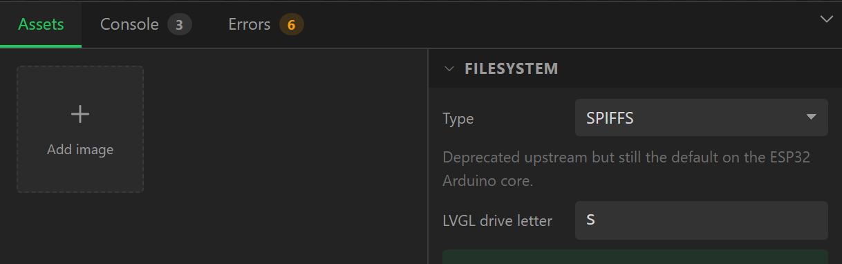 The Assets tab: the filesystem settings on the left, each imported image with its storage, format and name on the right.