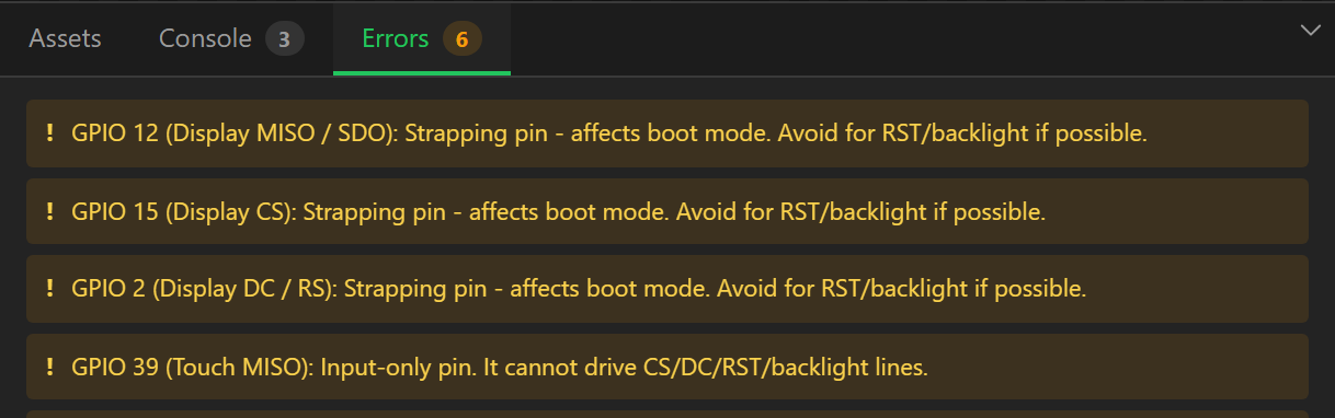 The Errors tab on a project with a few warnings and one error. Clicking an entry selects the widget it names.