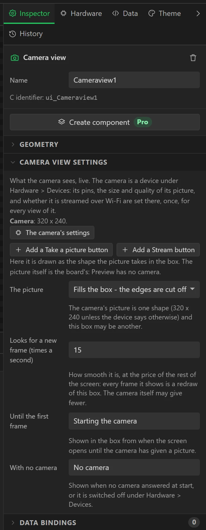 A Camera view's settings, with what it is a window on and the two one-step buttons.