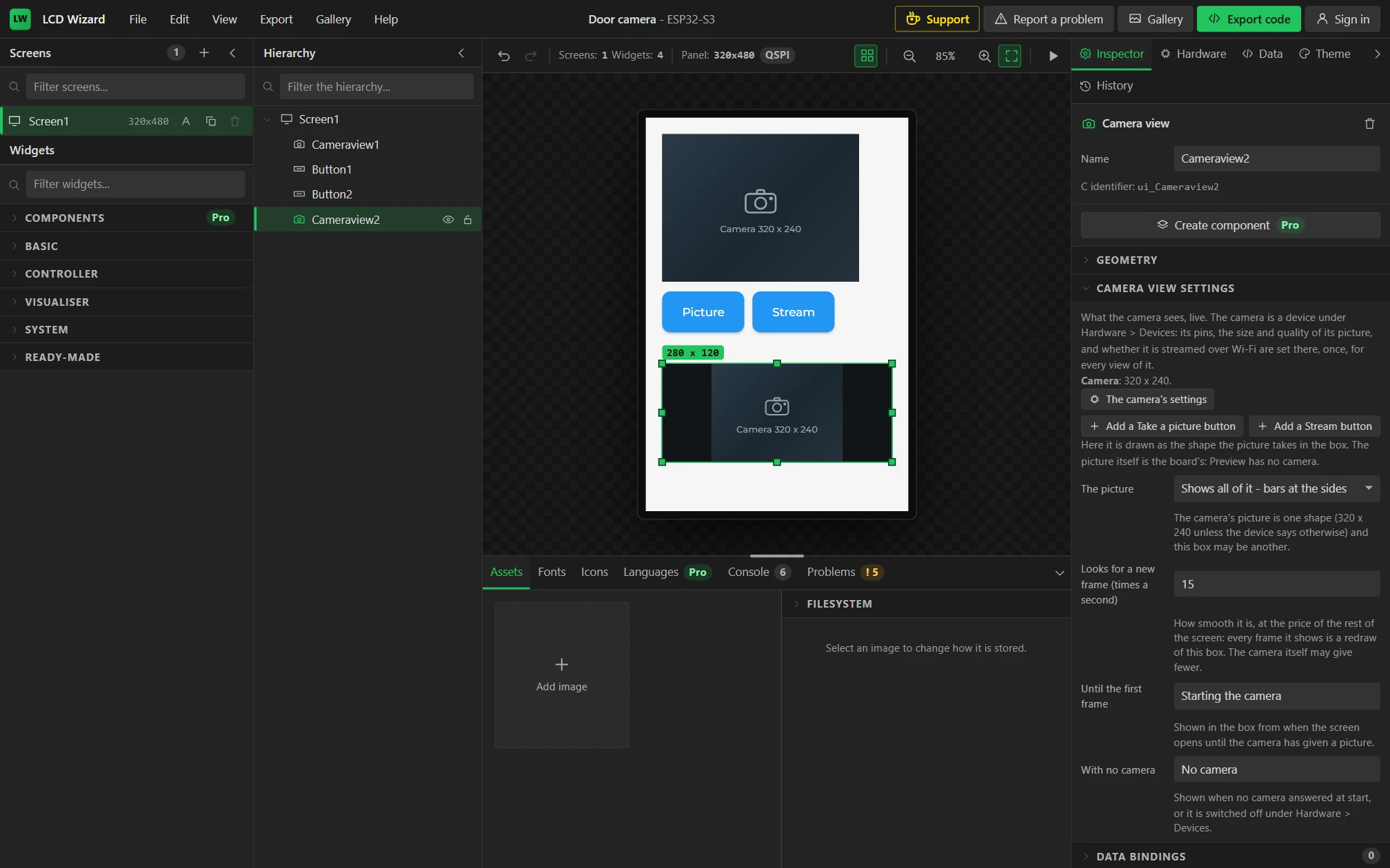 Two Camera views on a Waveshare 3.5B design: one filling its box, one showing the whole picture with bars. The buttons under the first were added from the Inspector.