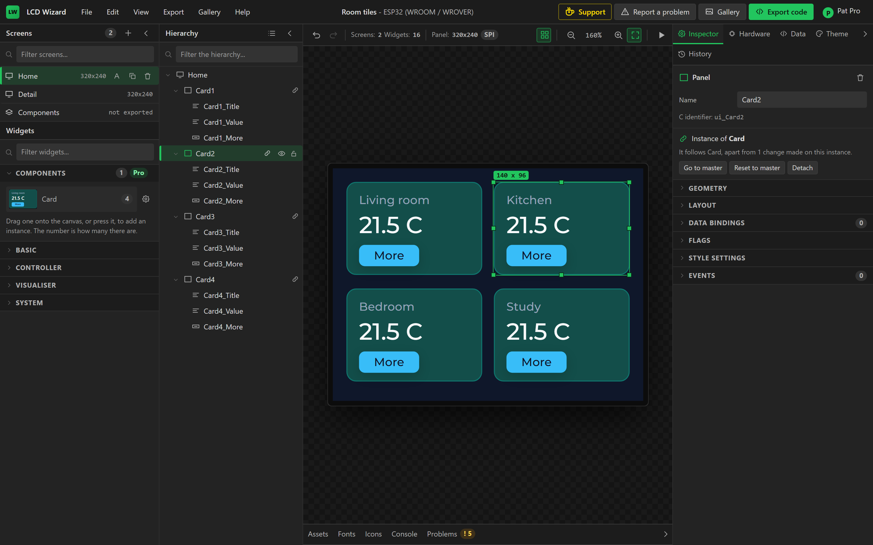 Four instances of a Card component on one screen. Each has its own room name, and all four have the colour the master was given. The Inspector says the selected one is an instance of Card that follows it apart from one change.