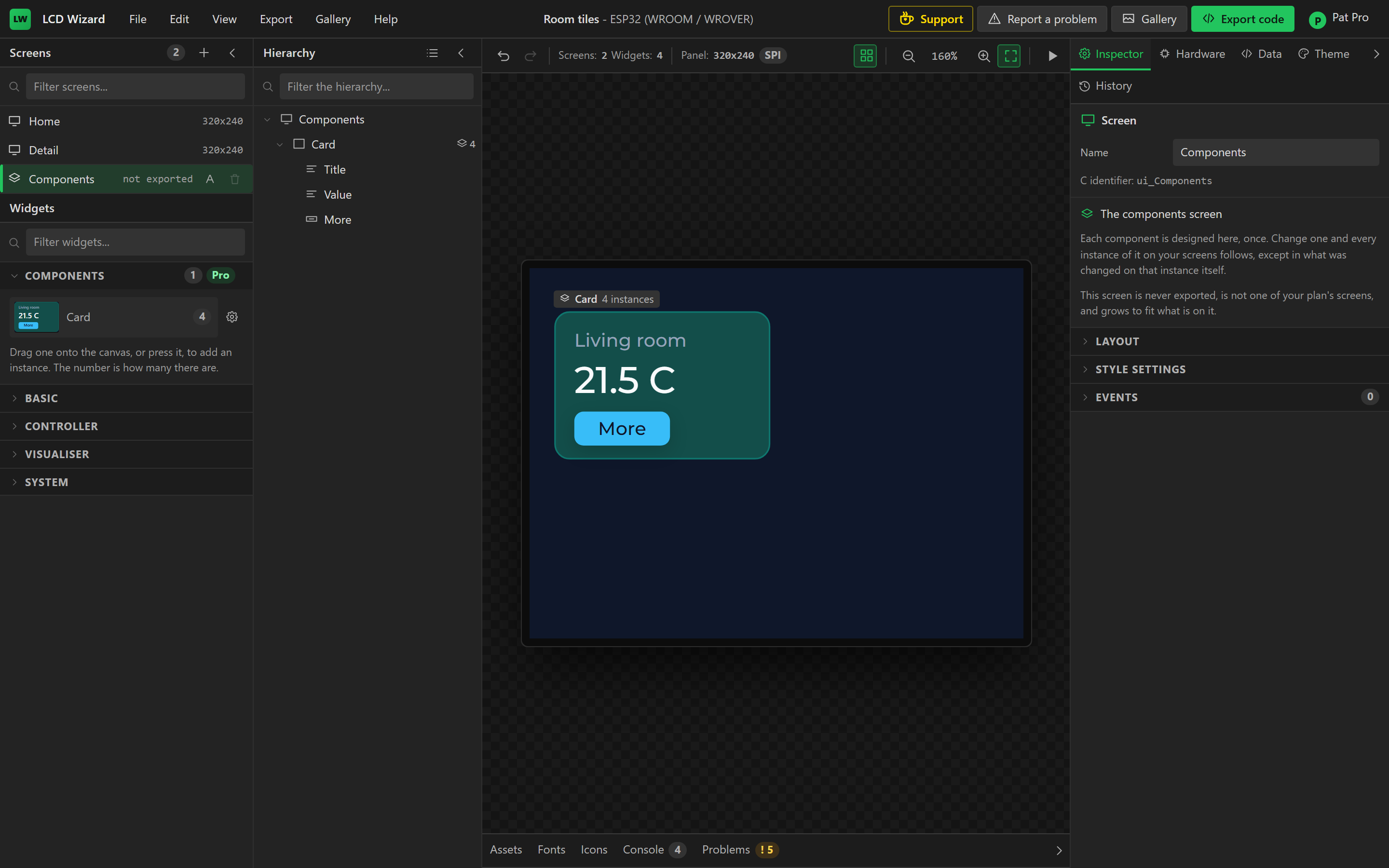 The Components screen with the master of a Card component. A tag over it reads Card, 4 instances. The Screens list shows the Components row marked not exported, and the palette lists the component with its count.