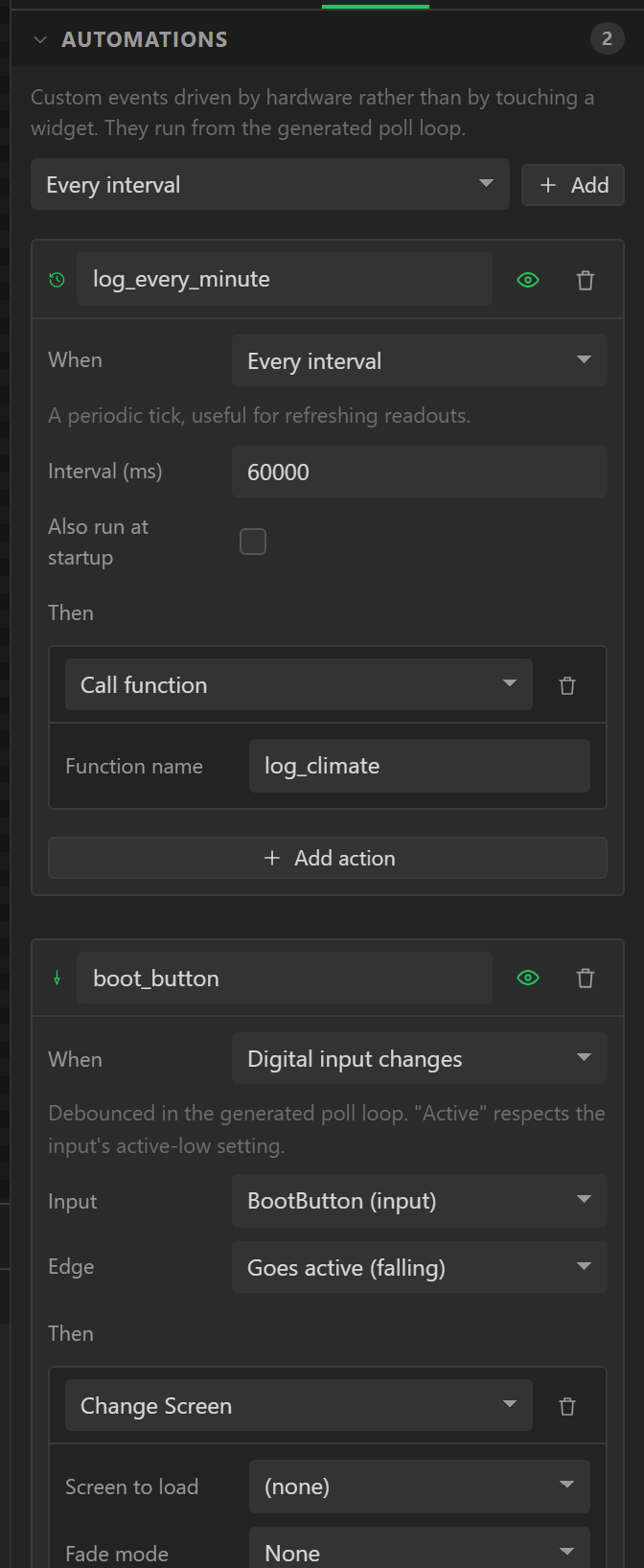 Two automations under the variables: a periodic tick and a digital input edge, each with its action list.