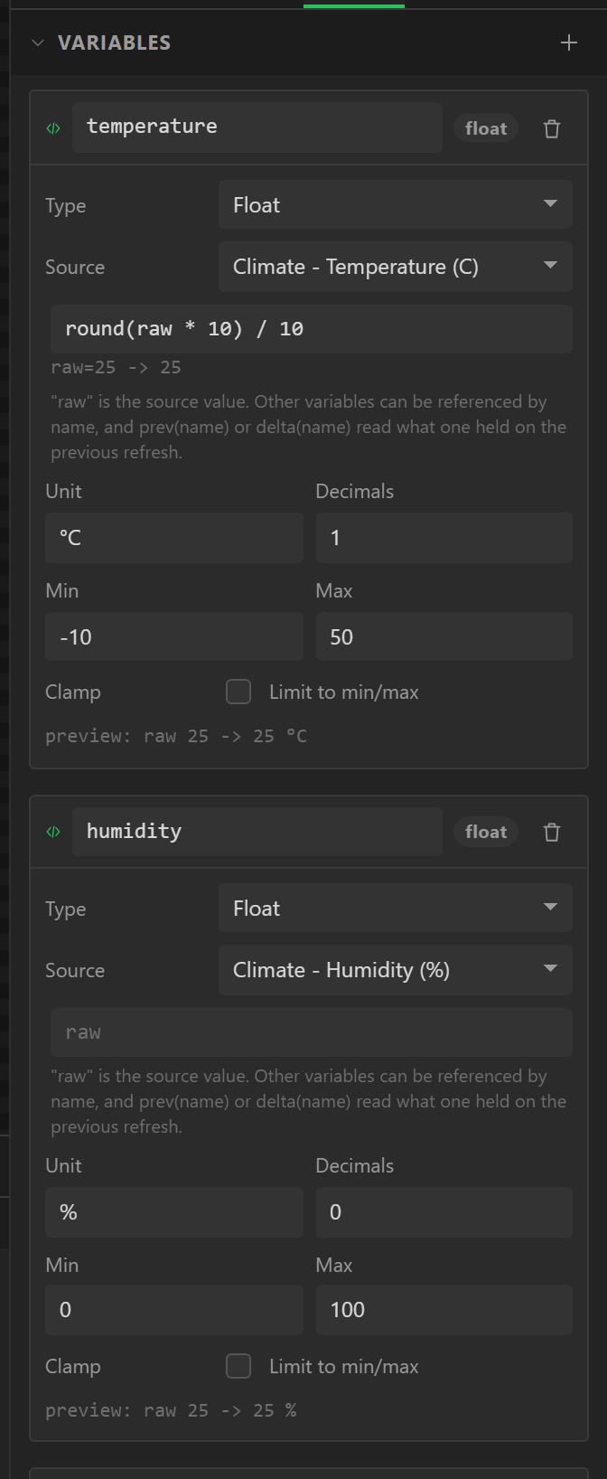 The Data tab with a variable reading a BME280 temperature channel through a formula, and a constant setpoint below it.