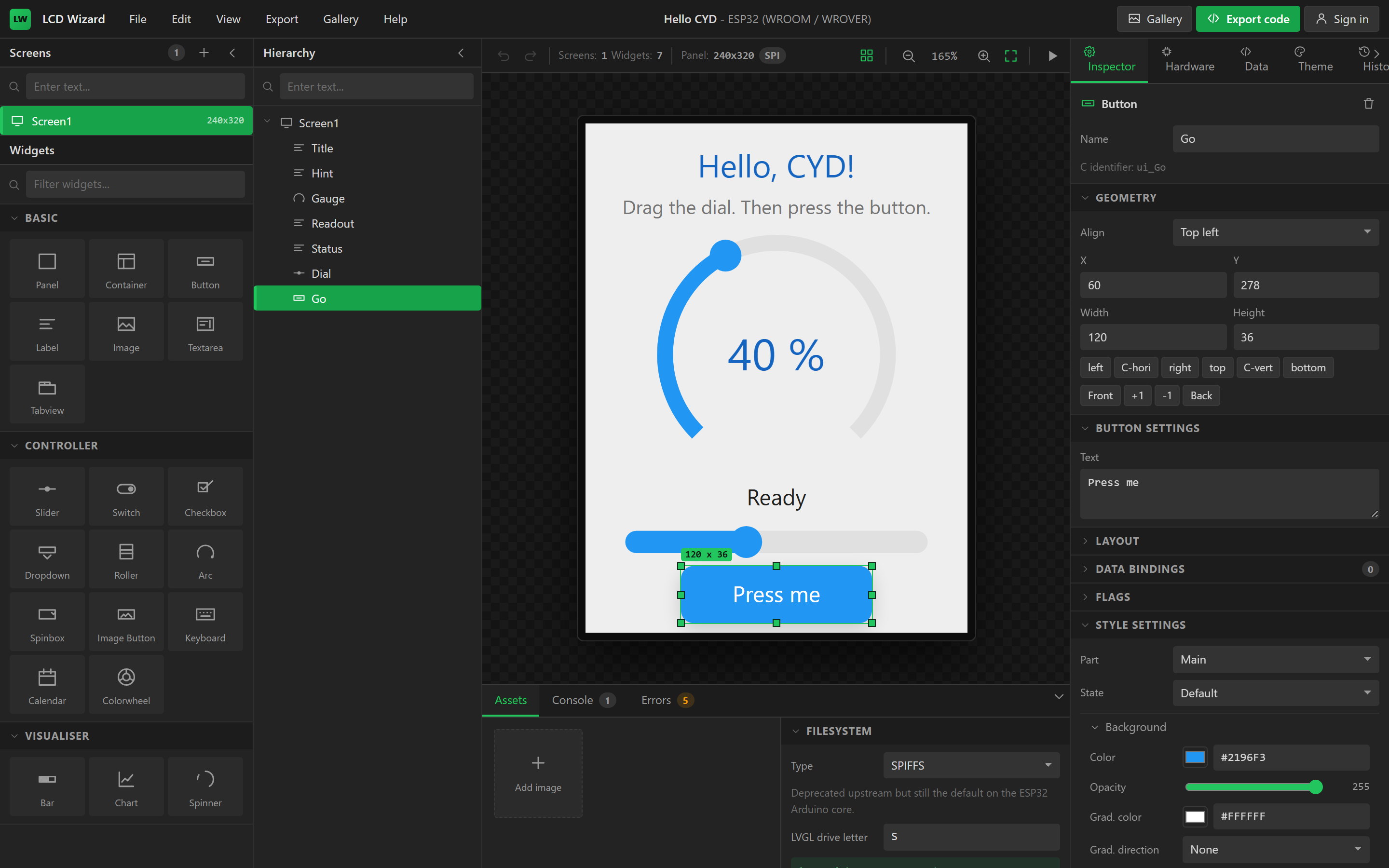 The designer as it opens: Widgets and Screens on the left, the canvas in the middle, the Inspector, Hardware and Data tabs on the right, and Assets, Console and Errors along the bottom.