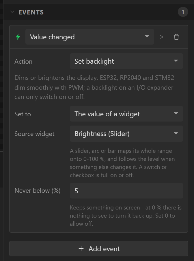A brightness slider's event: Value changed runs Set backlight from the slider itself, never below 5 %.