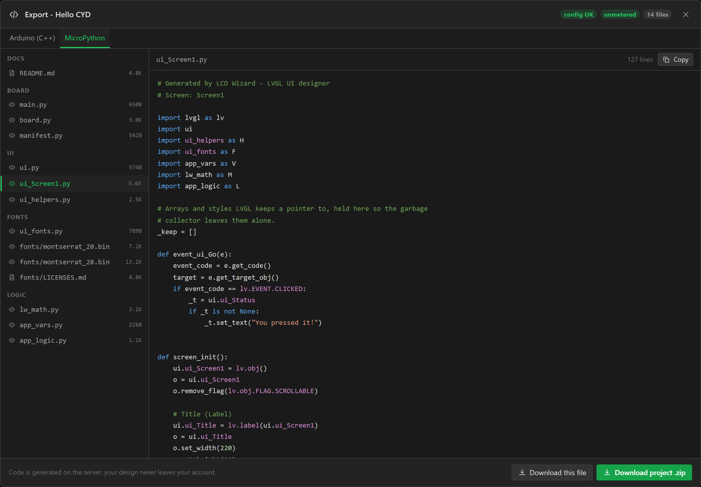 The export dialog on its MicroPython tab, with a Python screen module open.
