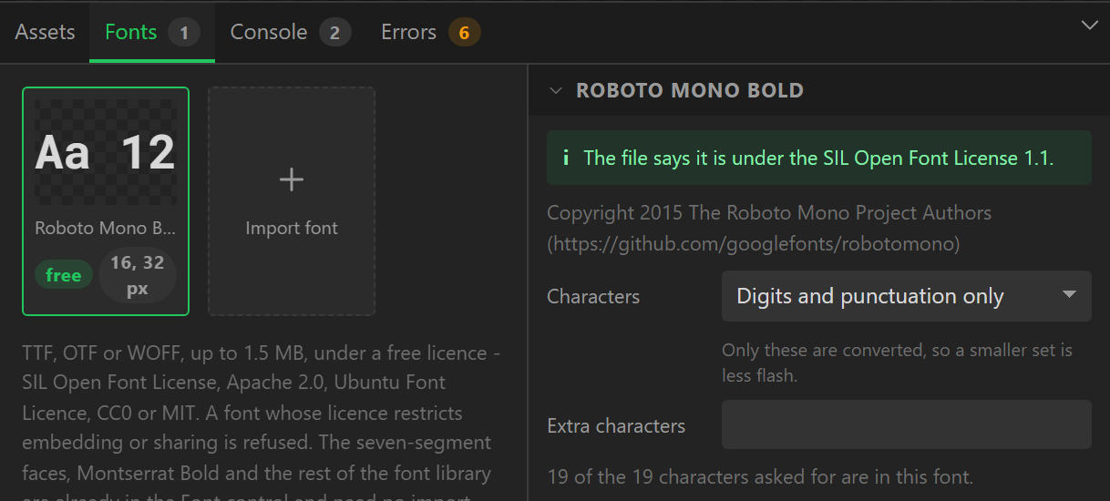 The Fonts tab with an imported Roboto Mono: licence read from the file, character set, extra characters, and the sizes it will be converted at.