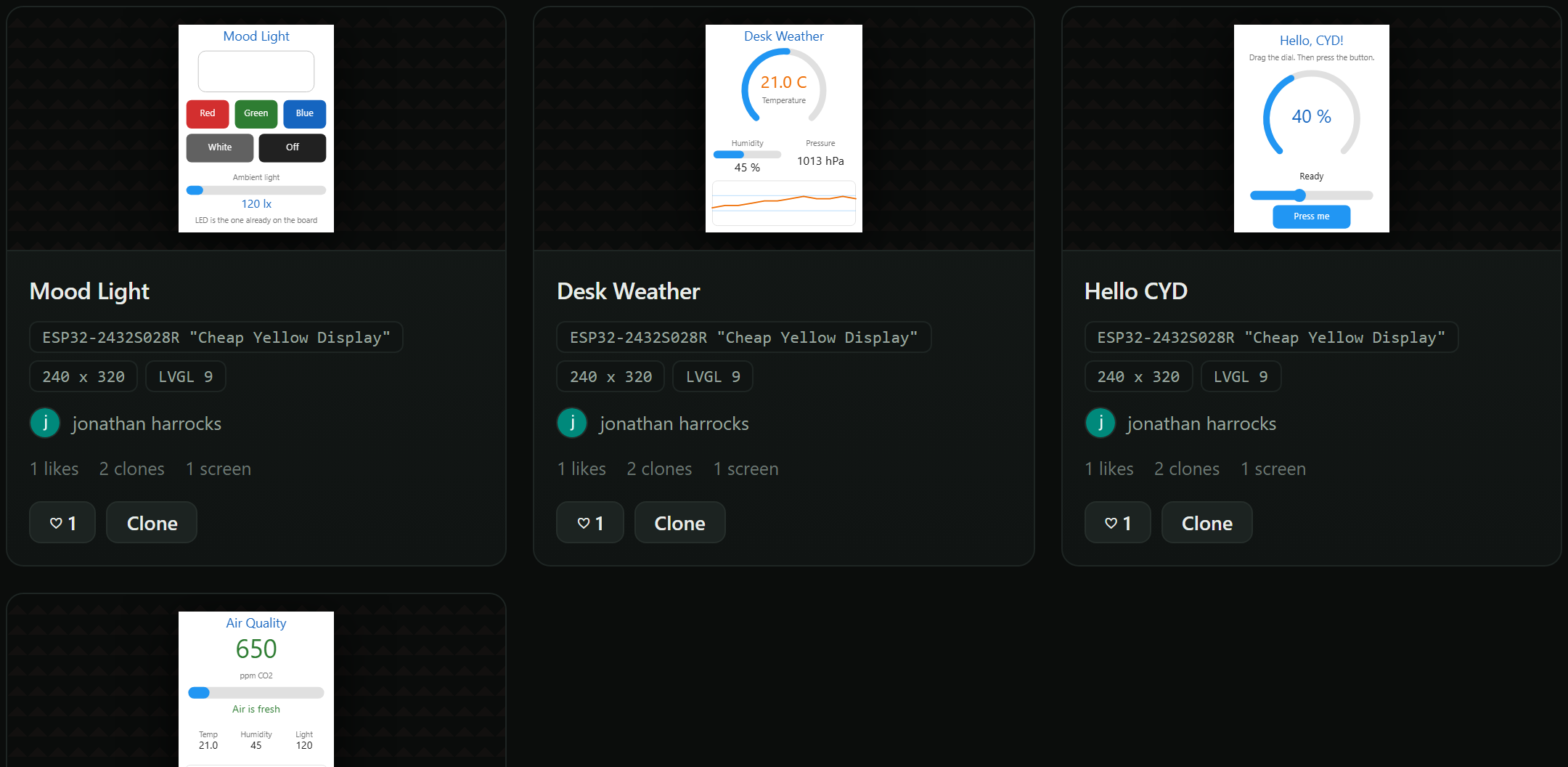 The gallery listing: cards with a screen preview, the hardware summary, tags and the author.