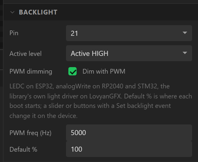 The Backlight section of the Display tab: pin, active level, PWM dimming, its frequency and the level every boot starts at.