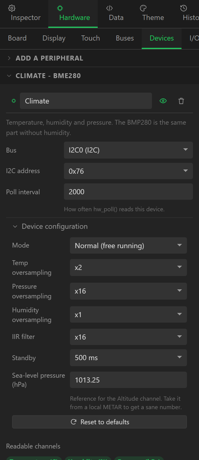 The Devices tab with a BME280 on the first I2C bus: bus, address, poll interval, then its sampling configuration.