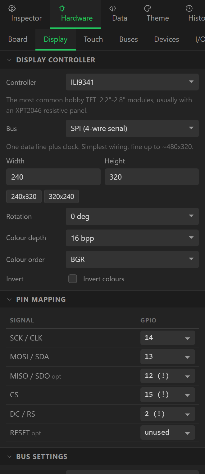 The Display tab: controller and bus at the top, the pin list, then geometry, colour and backlight.