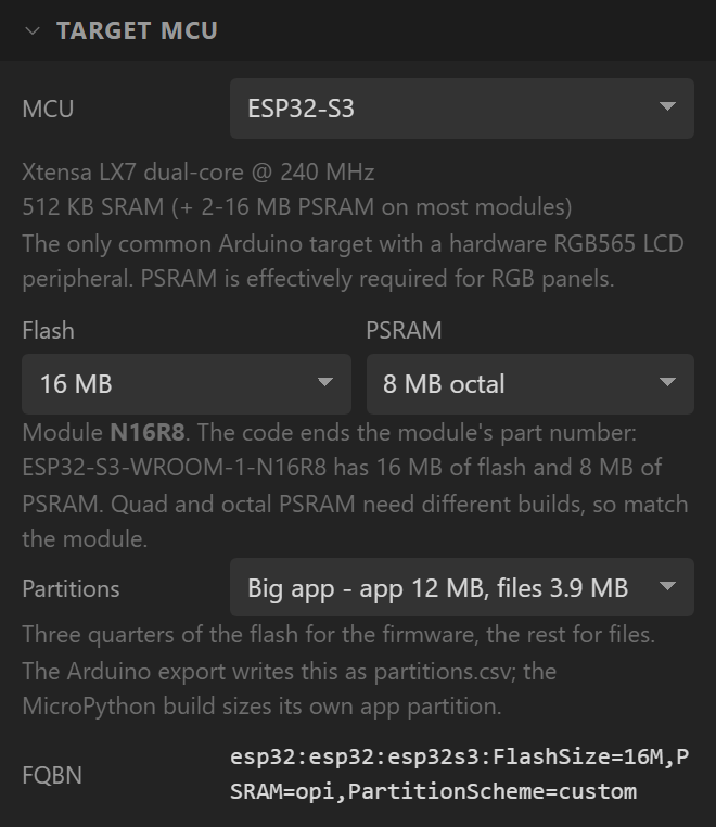 The Target MCU section for a Sunton 4.3-inch board: ESP32-S3, Flash 16 MB, PSRAM 8 MB octal, module N16R8, Partitions Big app with a 12 MB app and 3.9 MB of files, and the FQBN with those settings as options.