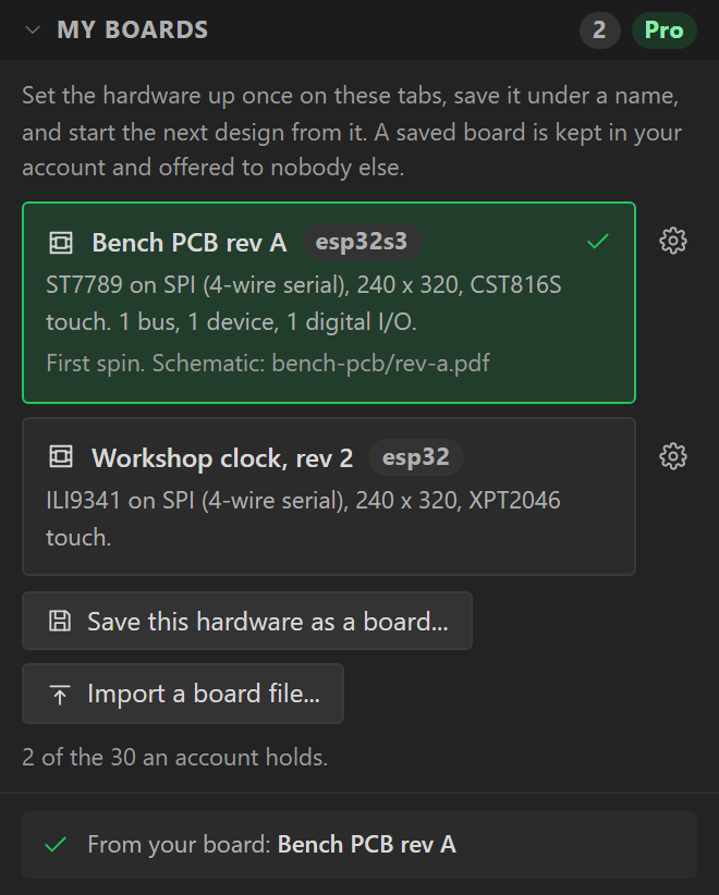 My boards on the Board tab with two saved boards. The first is selected, and a line under the list reads From your board: Bench PCB rev A.