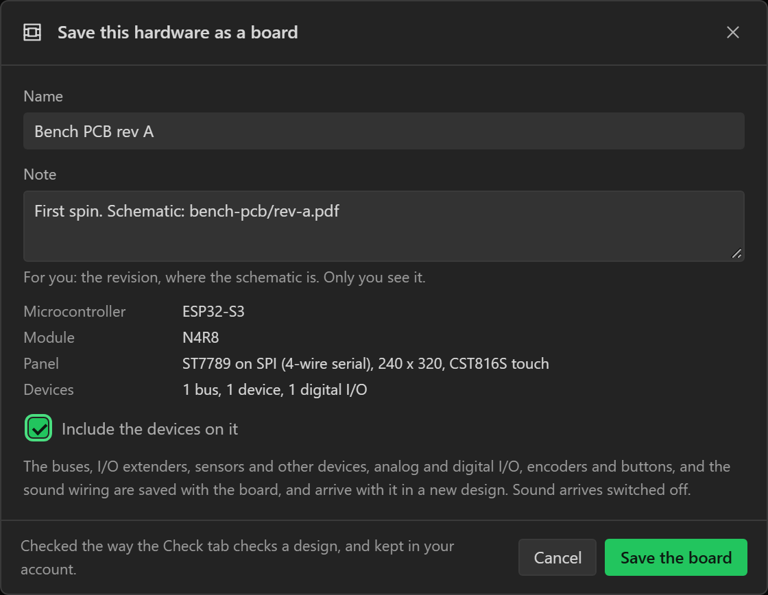 The Save this hardware as a board dialog: a name, a note, a summary of the microcontroller, module, panel and devices, and the Include the devices on it box, ticked.