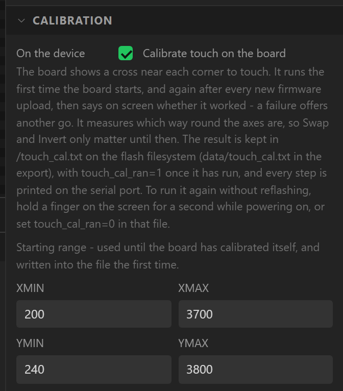 The Calibration section of the Touch tab for a resistive panel: calibrate on the board, what it does, and the starting range.
