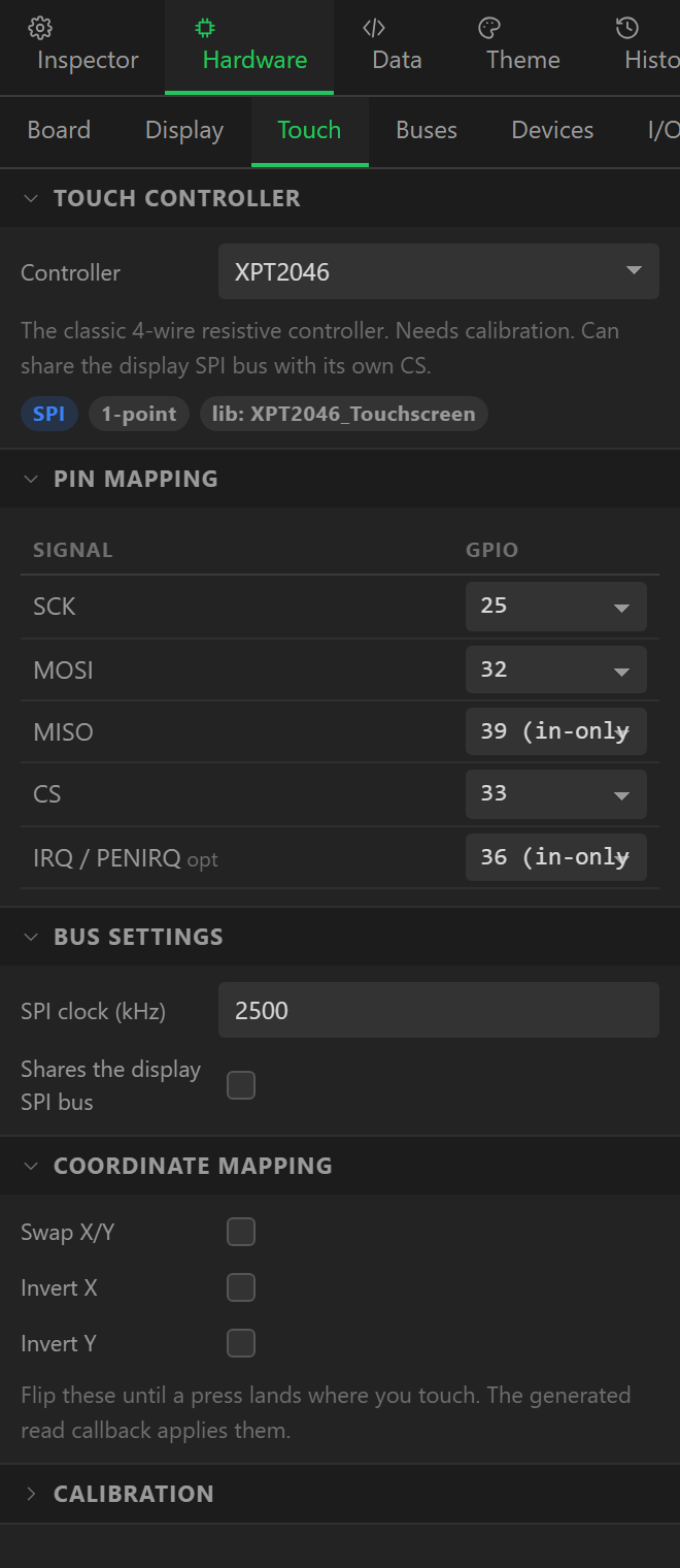 The Touch tab for an I2C controller: pins, address and clock, then the axis switches.