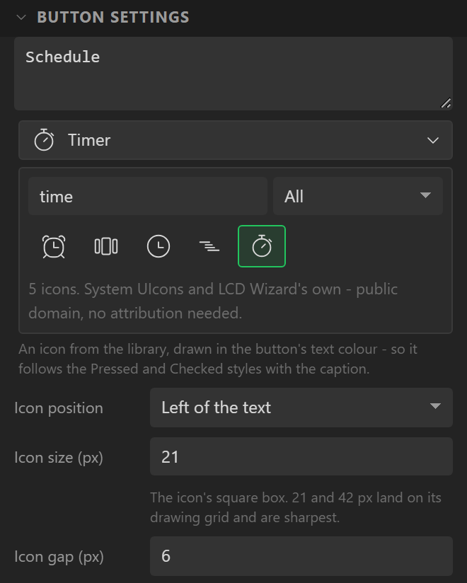 A button's settings: the Icon picker open on a search for time, showing a timer icon picked, with Icon position, Icon size and Icon gap below.