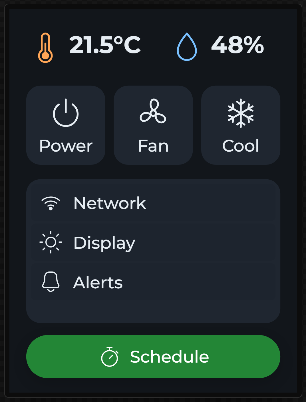 A thermostat panel on the canvas: a thermometer and droplet beside readings, Power, Fan and Cool buttons with their icons above the caption, a menu list with Wi-Fi, sun and bell icons, and a Schedule button with a timer icon.