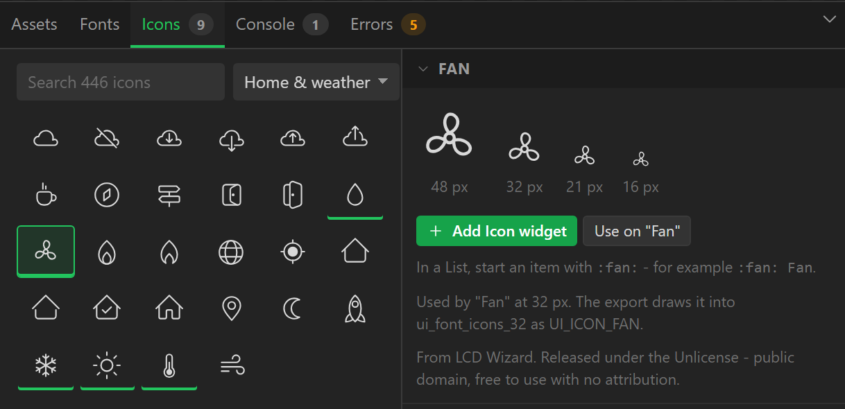 The Icons tab: a grid of icons filtered to Home and weather, the fan picked and shown at four sizes, with Add Icon widget and Use on Fan buttons.