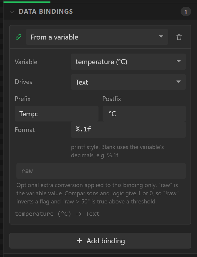 Data bindings on a label: the temperature variable driving Text, with a prefix, a format and a postfix.