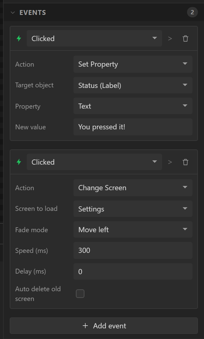 The Events section of a button with one Clicked trigger running a Change Screen action.