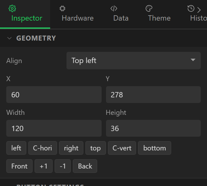 The top of the Inspector for a selected button: name, geometry, the alignment row and the z-order buttons.