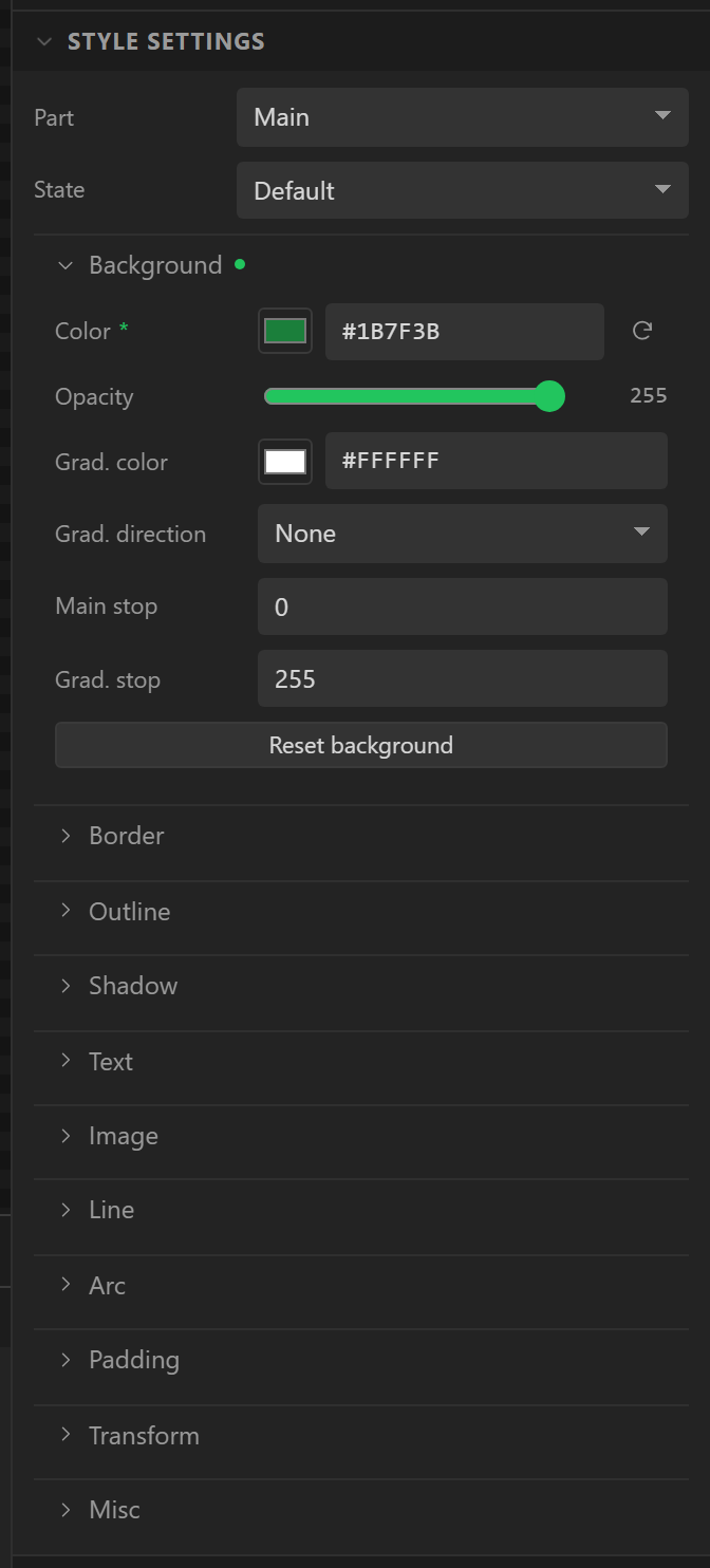 Style settings for the Go button: the Part and State selectors, then the groups. Only Background > Color has been set, and it shows the reset control.