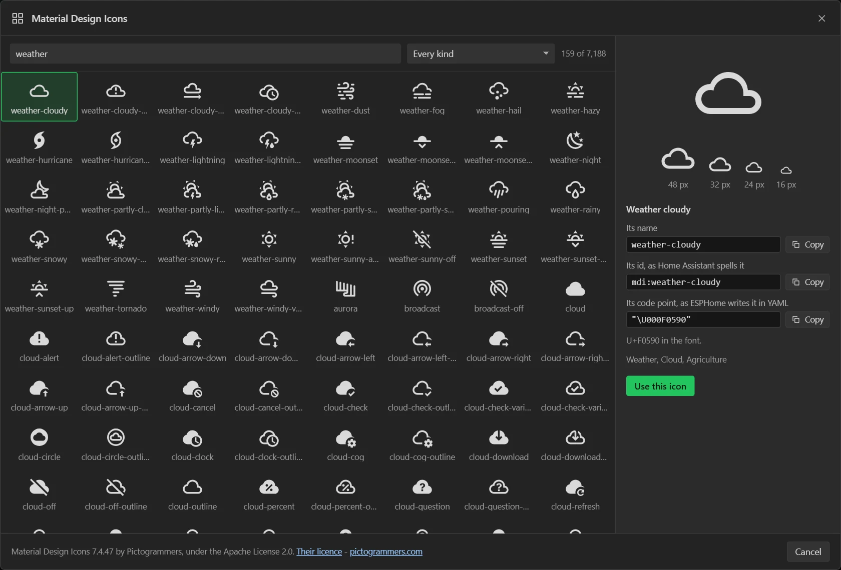 The Material Design Icons viewer: a search for weather showing 159 of 7,188 icons in a grid with their names, weather-cloudy chosen, and beside it the icon at four sizes, its name weather-cloudy, its id mdi:weather-cloudy and its code point as ESPHome writes it, each with a Copy button, and a Use this icon button.