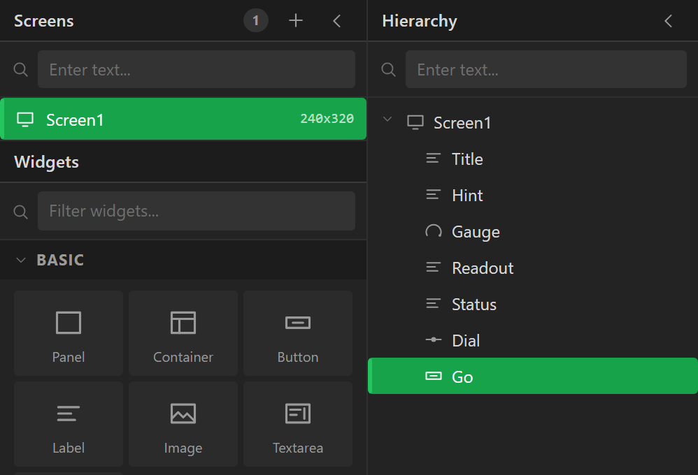 Screens above, the Hierarchy of the current screen below, with the hide and lock controls on each row.