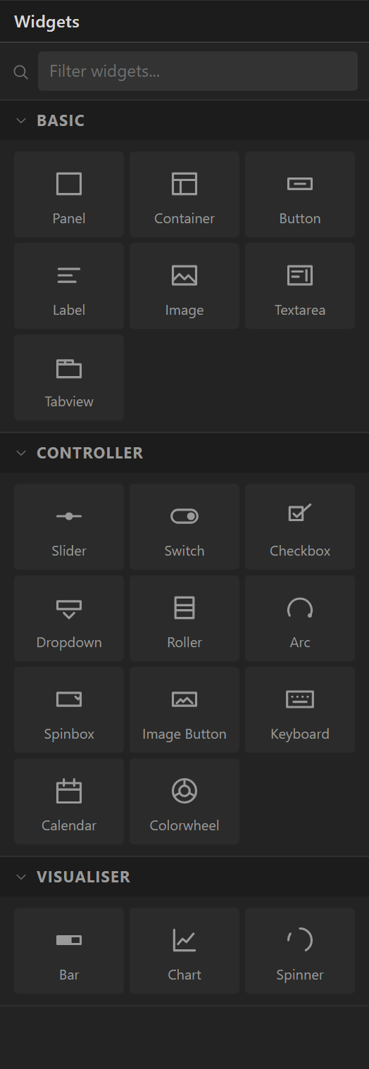 The Widgets panel. Basic, Controller and Visualiser, each entry a click or a drag away.