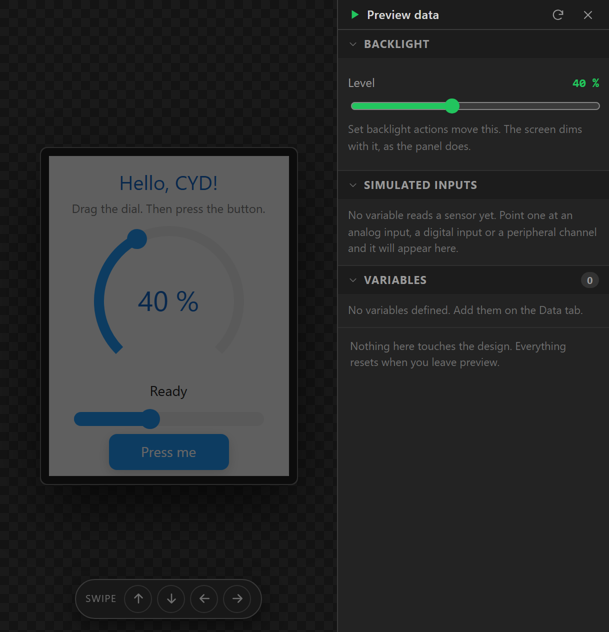 The backlight at 40 %, set by a slider with a Set backlight event: the whole screen dims to match.