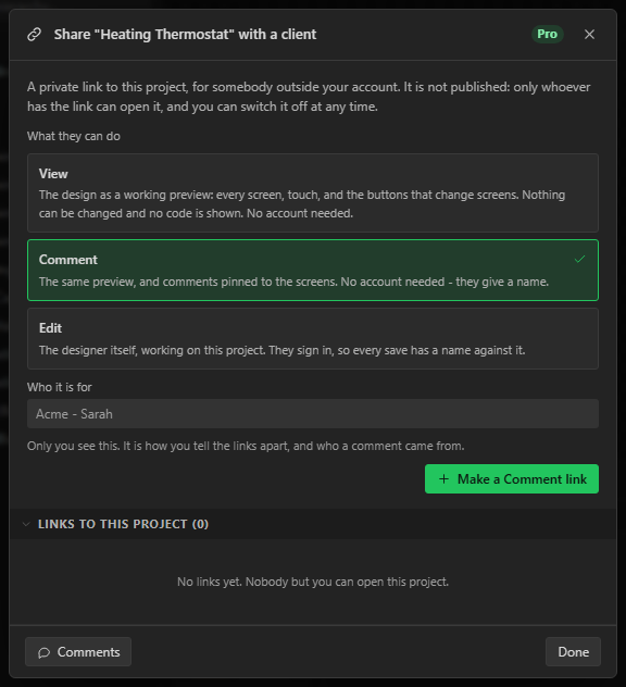 The Share with a client dialog: View, Comment and Edit, a field for who the link is for, and the list of links to the project.