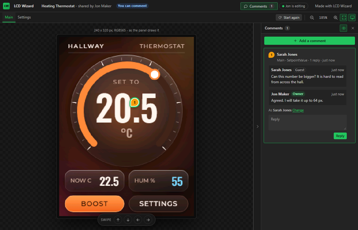 A Comment link open in a browser: the thermostat design as a working preview, a numbered pin on the setpoint, and the comment with the owner's reply beside it.