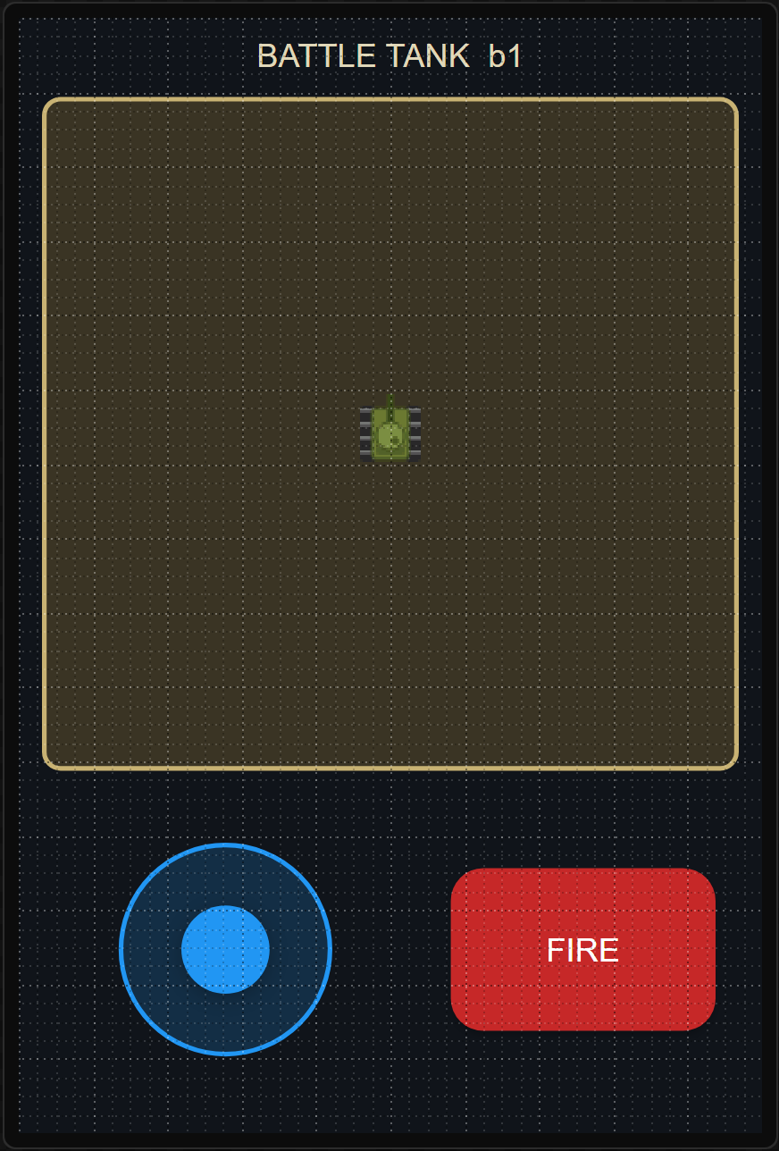 A 320 x 480 screen titled BATTLE TANK: a sand-coloured pen with the tank in the middle facing up, a joystick bottom left and a red FIRE button bottom right.