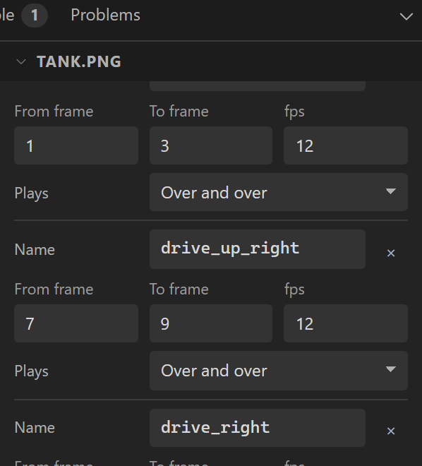 Two sequences of the sheet: drive_up_right from frame 7 to 9 at 12 fps, over and over, and the start of drive_right.