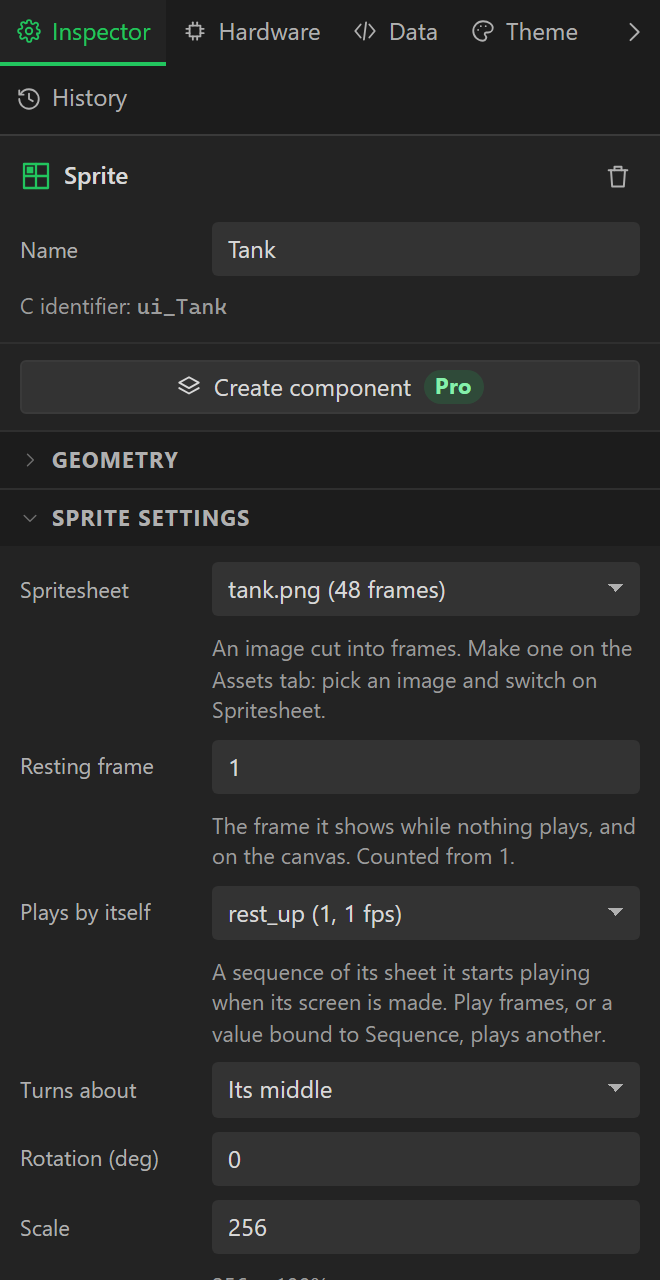 Sprite settings for a widget named Tank: Spritesheet tank.png (48 frames), Resting frame 1, Plays by itself rest_up (1, 1 fps), Turns about Its middle, Rotation 0, Scale 256.