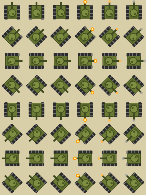 A spritesheet of a top-down green battle tank: eight rows, one for each way it faces - up, up-right, right, down-right, down, down-left, left, up-left - and six frames in each row: three with the tracks in different places, then the barrel kicked back with a big flash, a small flash, and a puff of smoke.