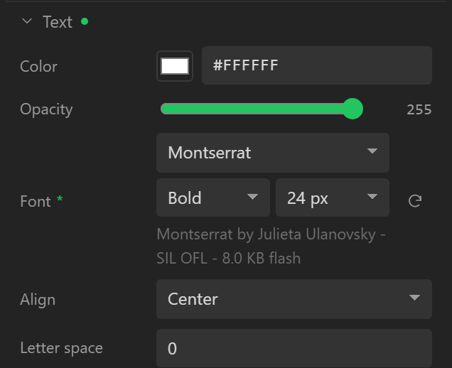 The Font control under Style settings, Text: family Montserrat, style Bold, 24 px, with its credit, licence and flash cost.