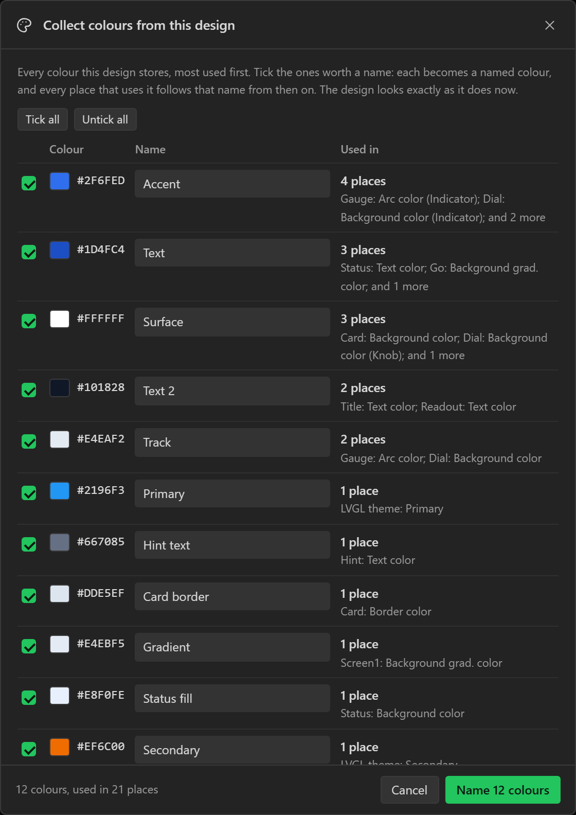 The collect dialog for the starter project. Twelve colours are listed, each with a tick box, a swatch, a suggested name such as Accent, Surface or Hint text, and where it is used.