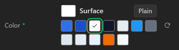 A Text colour control set to the named colour Surface. The name stands where the hex value was, a button labelled Plain sits beside it, and the row of swatches shows the chosen one with a tick and a ring.