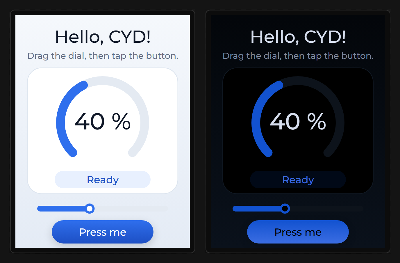 The starter screen twice: once in its light theme and once in a dark theme made from it. Every background, text colour and track changed, and no widget was edited.
