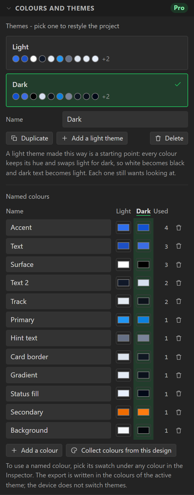 The Colours and themes section with two themes, Light and Dark. Dark is ticked. Below, a table lists each named colour with its swatch in both themes and the number of places that use it.