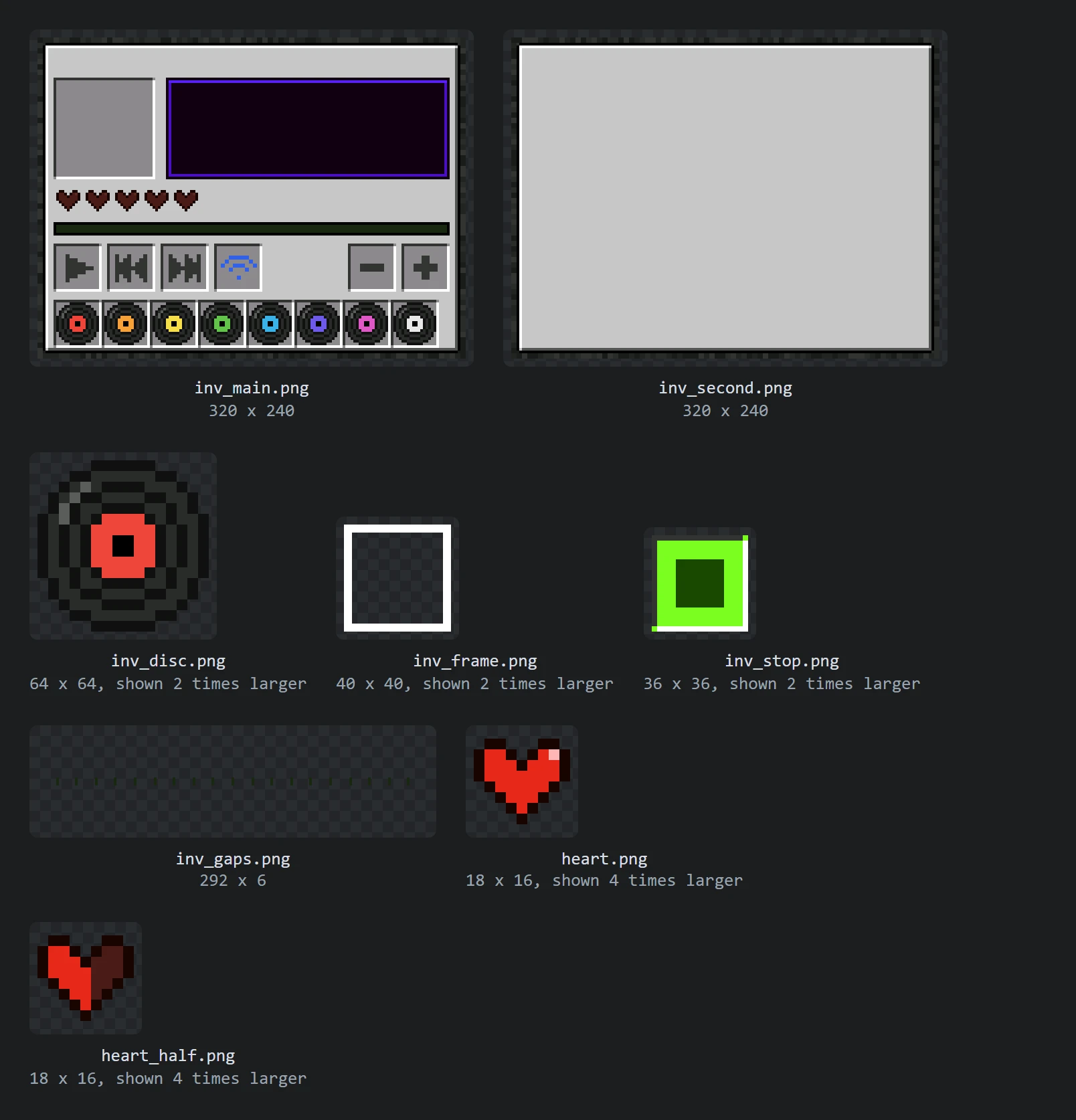 The eight pictures: two backdrops, the disc, the white frame, the lit play key, the gaps between the level's segments, and a full and a half heart.