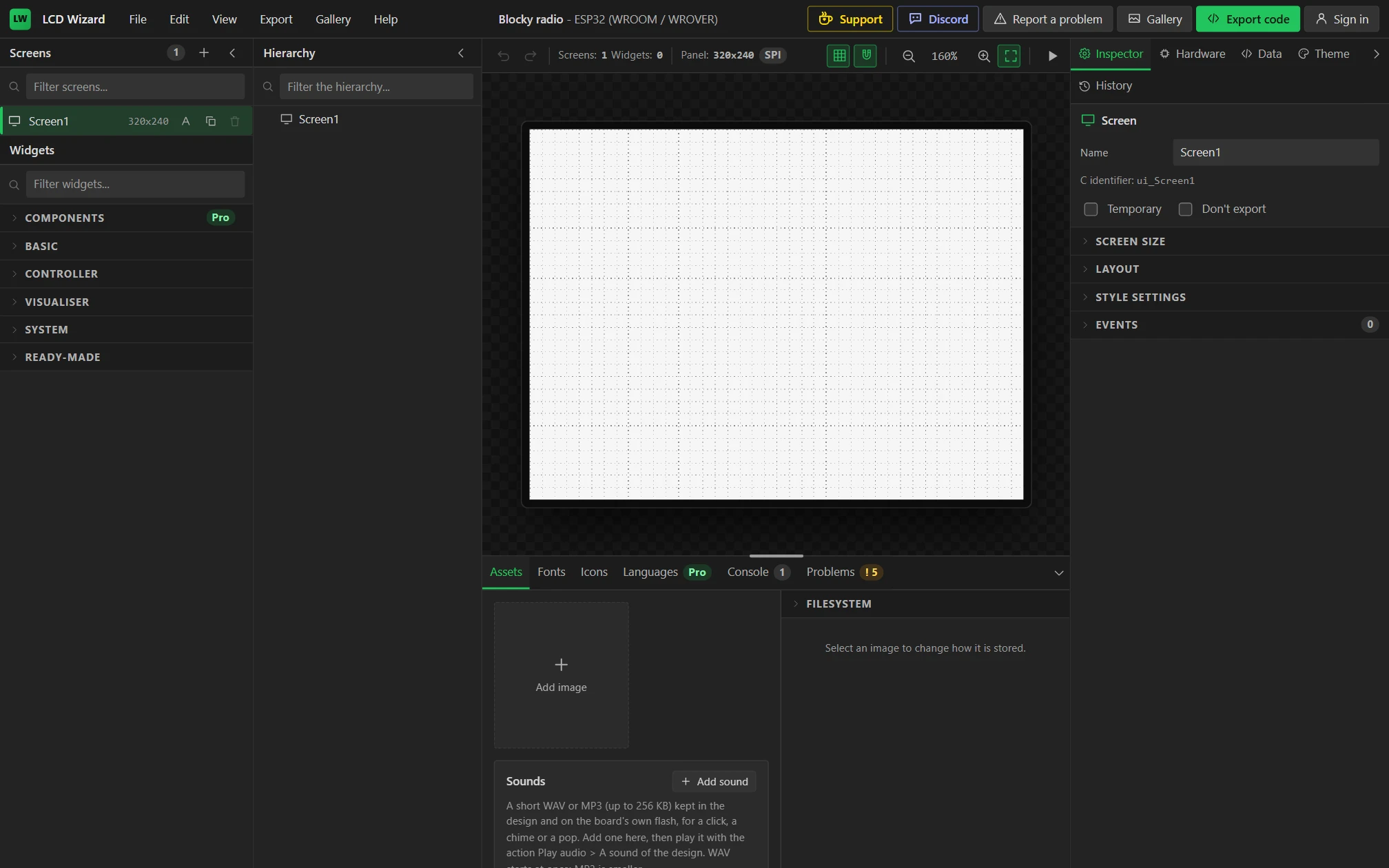 The new project: one empty 320 x 240 screen.