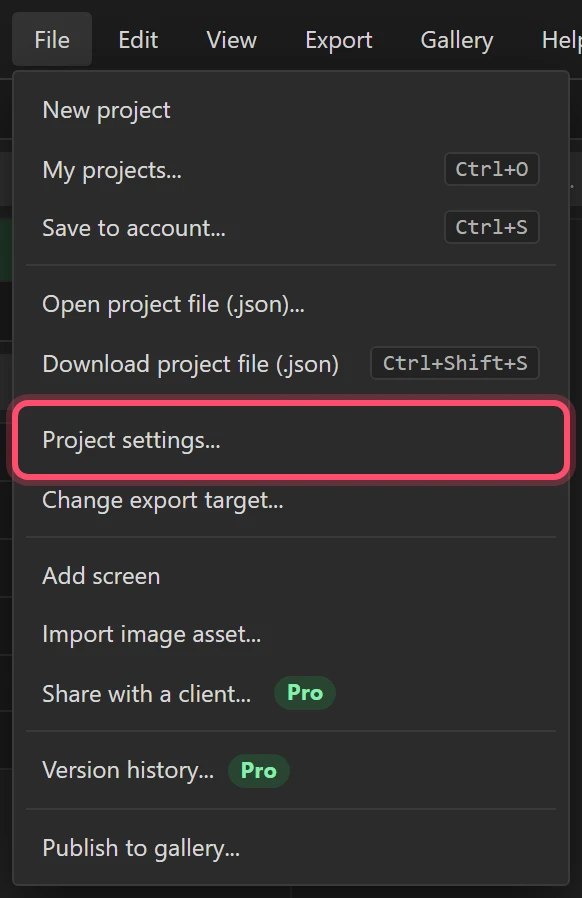 File, then Project settings.