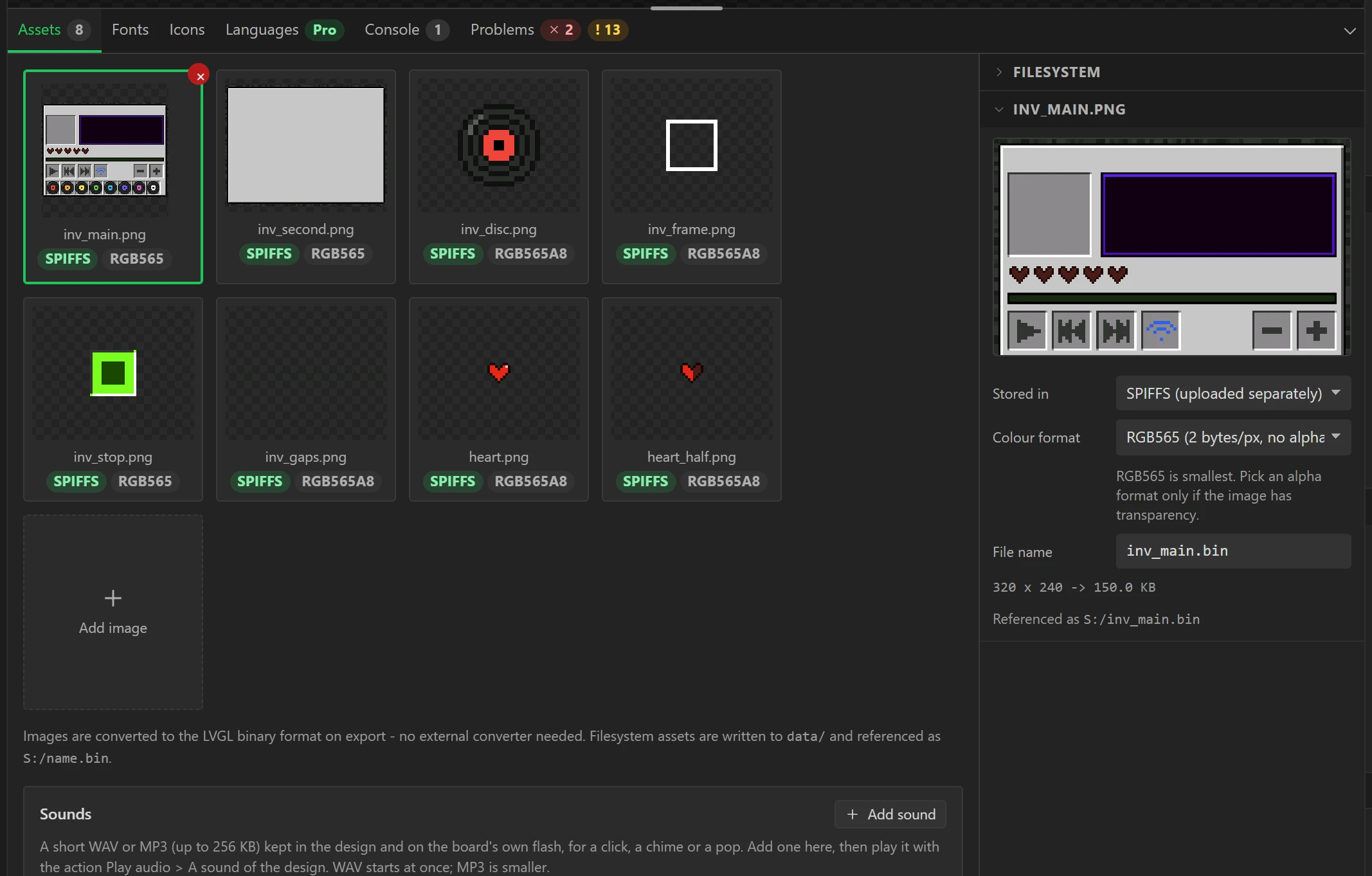 The eight pictures on the Assets tab.