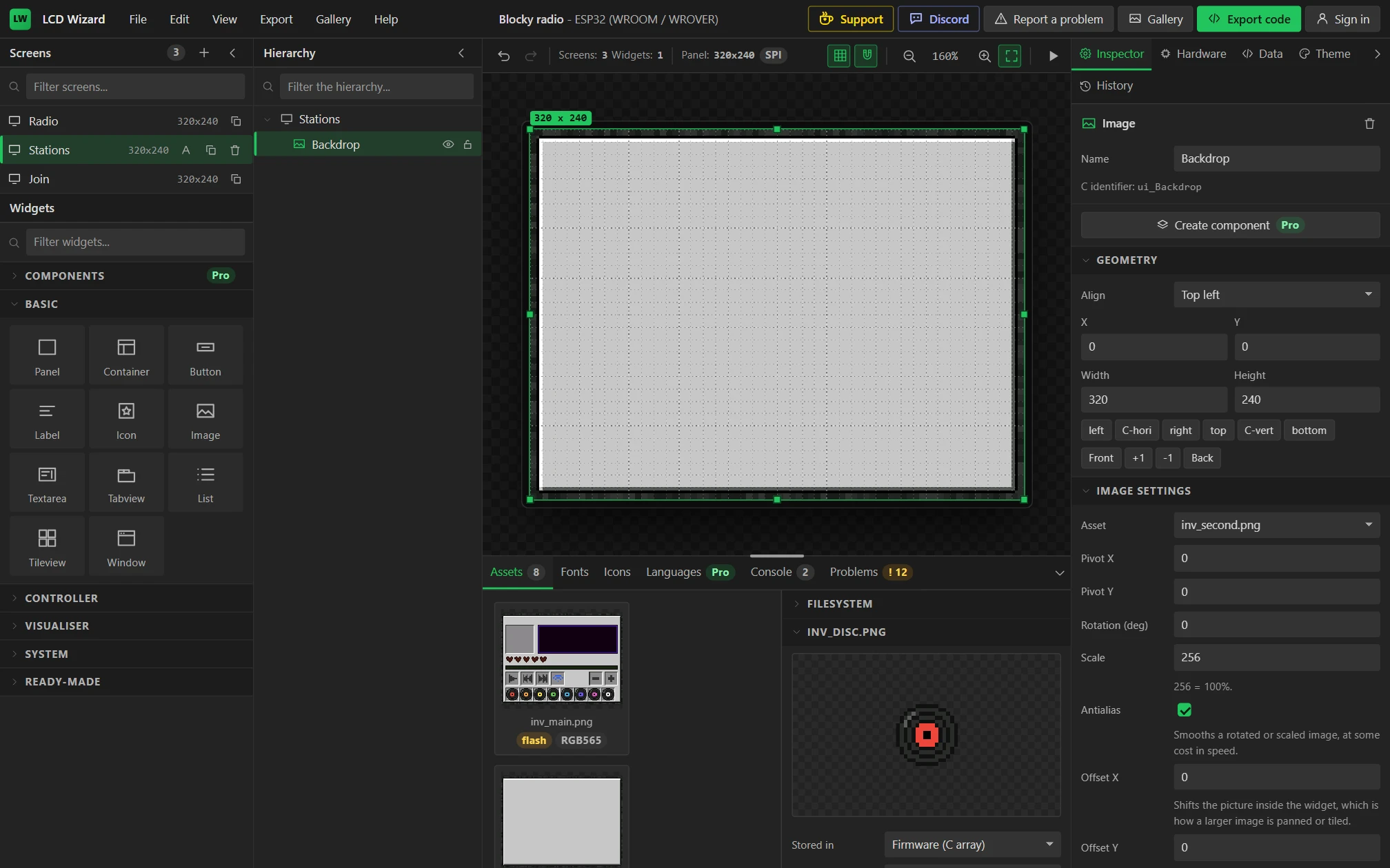 The item window's plain grey panel, at 0, 0.
