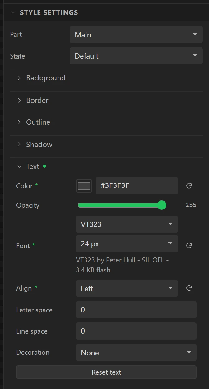 Style settings, Text: VT323, 24 px, dark grey.